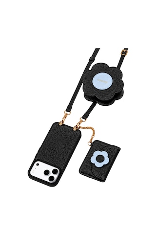 Hera Apple Uyumlu iPhone 18 Pro / 17 Pro Uyumlu Çiçek Magsafe Cüzdan, Mini Çanta, Crossbody Askı, Kılıf 4'lü Set Siyah