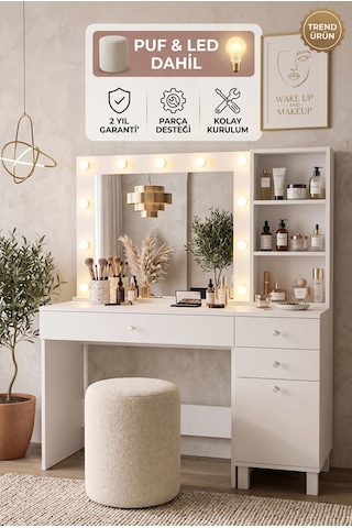 Robin Home Hollywood Makyaj Masası Ve Puf 3 Çekmece Kapaklı Düzenleyici Raflı Hollywood Led Işıklı Puf Dahil Beyaz