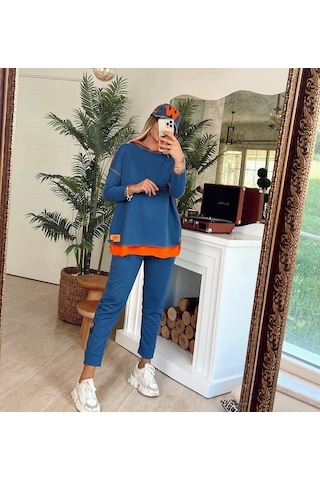 Kadın Indigo Kapşonlu Etek Ucu Detay Arma Ters Dikiş Gorunumlu Ikili Takım Mavi