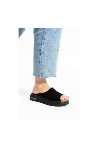 Polomia Comfort Aya Kadın Hakiki Deri Süet Cool Lastik Detay Comfort Hafif Esnek Taban Rahat Günlük Sandalet Terlik Siyah