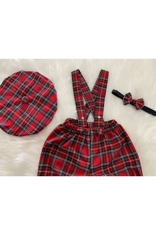 Eylülce Butik Kırmızı Ekoseli Çocuk Askılı Şort Salopet & Ressam Şapkası & Papyon Takım-
