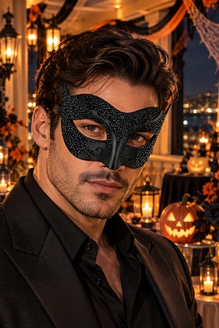 Siyah Simli Venedik Maskesi Desenli Bağcıklı Yılbaşı Halloween Cadılar Bayramı Parti Maskesi