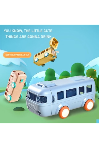 500Ml Sevimli Simülasyon Minibüs Araba Çocuk Saman Su Bardağı Eğlenceli Karikatür Plastik Bardak Taşınabilir Açık Zıplatma Kapak Su Isıtıcısı-Mavi