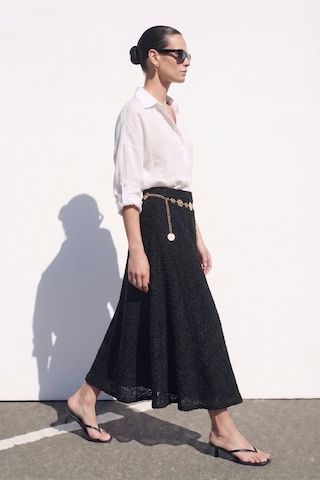 Sateen Dokulu Kloş Etek - Siyah-137412