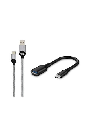 Philips Uyumlu 5A 100W UsbA to Type-C Örgülü 1.2M Hızlı Şarj Kablosu + ScHitec 3.0 OTG Dönüştürücü  Adaptör