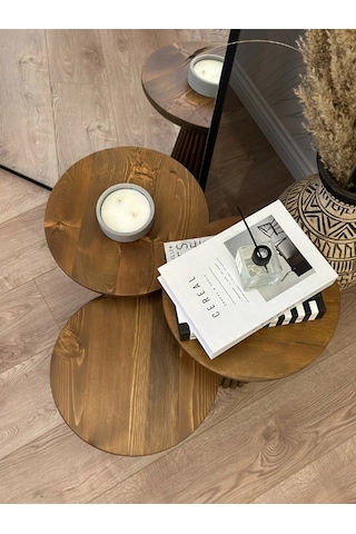 Wood Wooden 3 Lü Set Fitilli Derin Çizgili Mantar Yan Sehpa Moder
