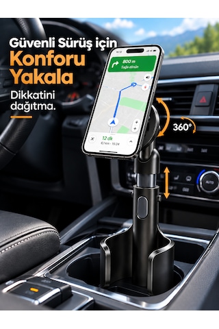 Araç İçi Bardaklık Telefon Tutucu Manyetik Magsafe Uyumlu Ayarlanabilir Telefon Standı Siyah