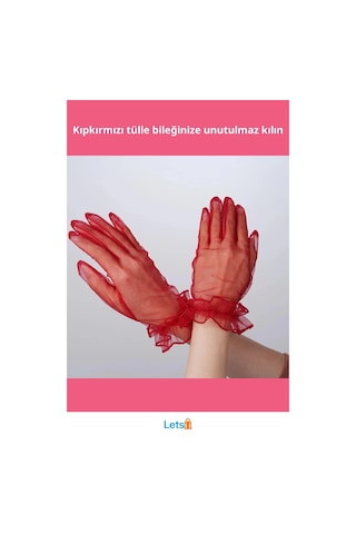 Letsii Kısa Boy Likralı Güpürlü Yetişkin Tül Eldiven Kırmızı Çok Renkli