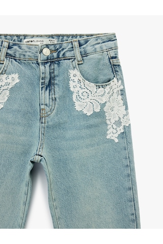 Koton Dantel Detaylı Pamuklu Mom Fit Denim Pantolon Orta İndigo 6skg40077ad İndigo