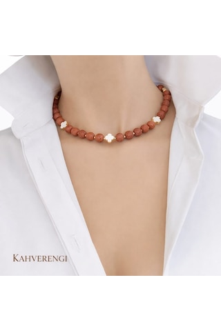 Luna Yonca Detaylı Lav Taşı Choker Doğal Taş Kolye Kahverengi