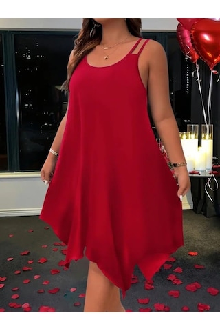 Kadın Askılı Yuvarlak Asimetrik Kesim Detaylı Viskon Elbise Bordo