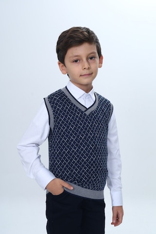 Toontoy Kids Toontoy Erkek Çocuk Regular Fit V Yaka Kare Desenli Okul Süveter - Garni & 2 İplik Lacivert