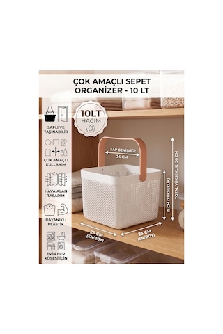 Dolap İçi Düzenleyici, Banyo, Mutfak Organizeri Kulplu Sepet, Dekoratif Saklama Kutusu, Banyo Düzenleyici Organizer 10lt beyaz