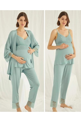 Monamise 18469 Yeşil Hamile Lohusa 3'lü Pijama Sabahlık Tk 001