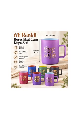 6 Lı Renkli Borosilikat Cam Kupa Seti 400 Ml Özel Boyama Desenli Cam Bardak Çok Renkli