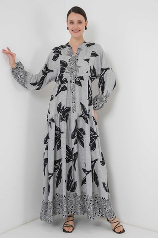 Gabria Ön Düğmeli Desenli Viskon Elbise Gri