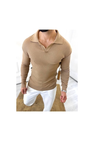 Elku Moda Kazak Slim Fit Polo Yaka Fitilli Yumuşak Dokulu Tüylenmez Sweatshirt Kahverengi