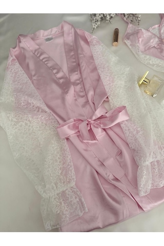 Mh Moony Homewears Saten The Special One Pembe Gecelik Sabahlık Seti Pembe