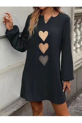 Efnaz Style Kadın Uzun Kollu V Yakalı Kalp Desenli Mini Ithal Krep Elbise Siyah