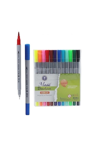 Fineliner Kalem Çift Yönlü 12 Renk 1 Paket Fırça Uç Ve Fineliner Brushpen 12li Keçe Uçlu Kalem Kalın İnce Keçeli Kalem