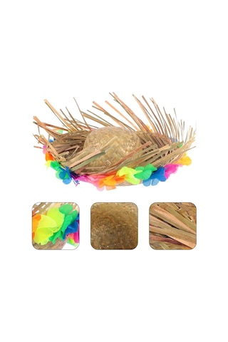 Naturel Renk Püsküllü Örme Hasır Hawaii Luau Aloha Şapka 13x36 Cm Açık Bej