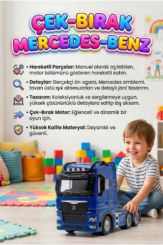 Mercedes Actroc Çek-bırak Mekanizmalı Metal Gerçekçi Tasarımlı Devrilebilir Kabinli Oyuncak Tır Mavi