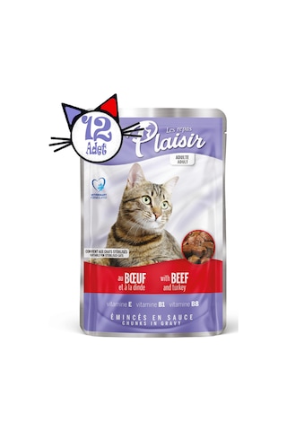 Plaisir Sığır Etli ve Hindili Pounch Yetişkin Yaş Kedi Maması 12 x 100 G