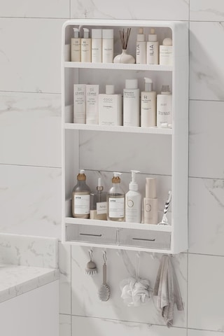 Walle Yapışkanlı Duvar Rafı, 70x40x10 Cm, Beyaz, Mutfak Banyo Organizeri, Çekmeceli Baharatlık Muk-02-1402