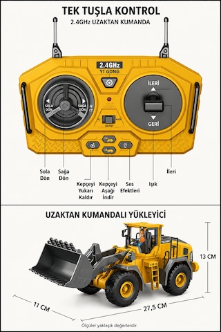 Işıklı Sesli Full Fonksiyon Metal Hareketli Kepçe 2.4ghz Uzaktan Kumandalı Loader 9 Kanal Sarı