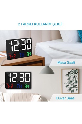 Dijital Duvar Saati Renkli Hd Led Ekran 25x16 Cm Tarih Gün Sıcaklık Alarm Usb Dekoratif