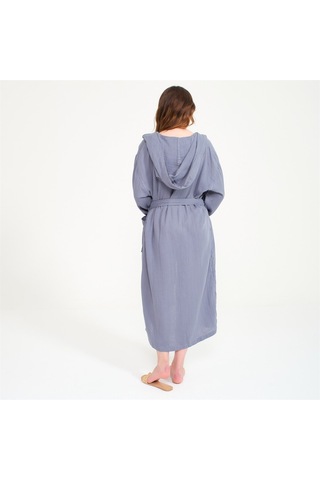 Unisex Kapüşonlu Uzun Müslin Bornoz-Antrasit
