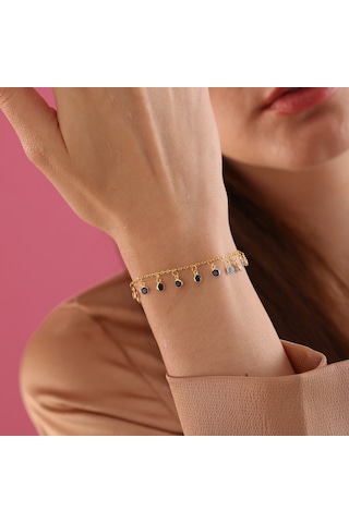 925 Ayar Gümüş Ful Sallantılı Mavi Renk Geçişli Bileklik Altın