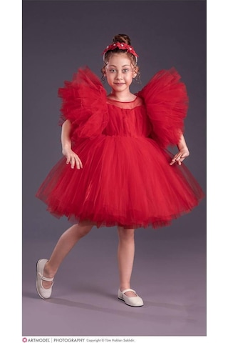 Kız Çocuk Tütü Etekli Kabarık Kollu Komotini Taçlı Abiye Elbise Kırmızı 1662 Kırmızı