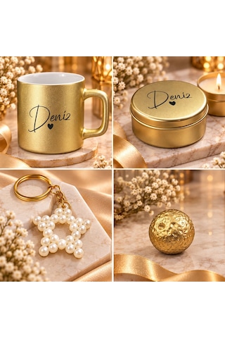 Bk Gift Kişiye Özel İsimli Gold Kahve Fincanı & Mum & Mdf Altlıklı Dekor & Anahtarlık - Hediye Kutulu Gold Set-5