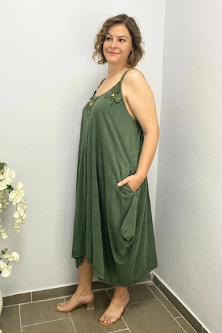 Mia Butik Büyük Beden Haki Pamuklu Şalvar Kesim Çiçekli Elbise Haki