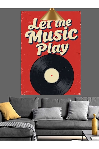 Let The Music Play Sloganı Ve Plak Dekoratif Kanvas - Mdf Ahşap Tablo