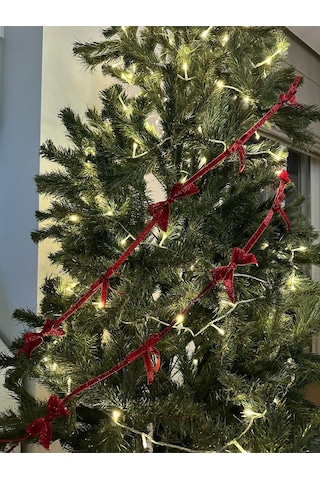 Yılbaşı Kırmızı Simli Kadife Kurdele Fiyonk Noel Çam Ağaç Süsü 1 Adet