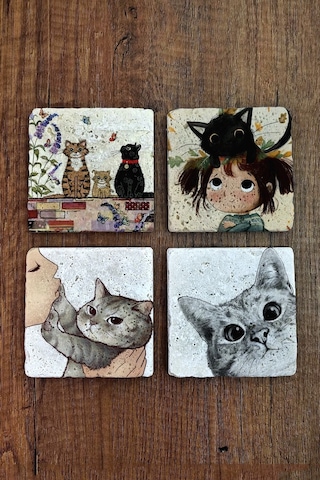 Doğal Taş Bardak Altlığı 4'lü Set - Kedi Desenli - Stone Coasters Çok Renkli