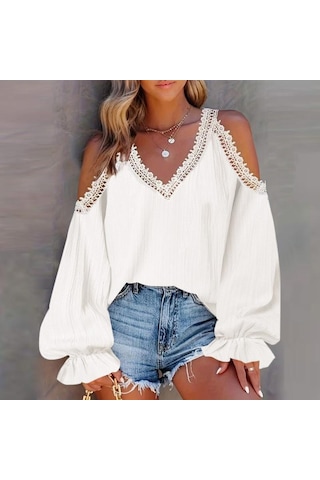Vonda Kadın Vintage V Yaka Fener Uzun Kollu Omuzdan Bağlamalı Dantel Bluzlar Beyaz