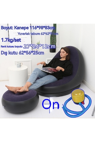 Ikkb Şişme Tembel Koltuk Pedal İle İki Parçalı Taşınabilir Dış Mekan Mobilya Ayak Pompalı Mavi Mavi