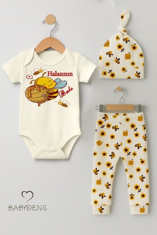 Babyden's 3 Lü Yenidoğan Takım Halasının Balı Baskılı Kısa Kol Body Arı Çiçek Desenli Pantolon Bere Ekru
