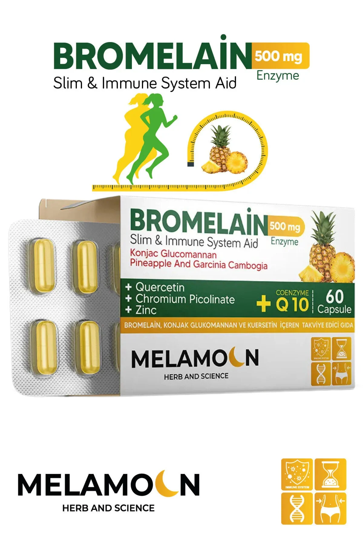 Bromelain 500 Mg Ve Konjak Glukomannan Koenzim Q10 Bromelin -krom Pikolinat 60 Kapsül