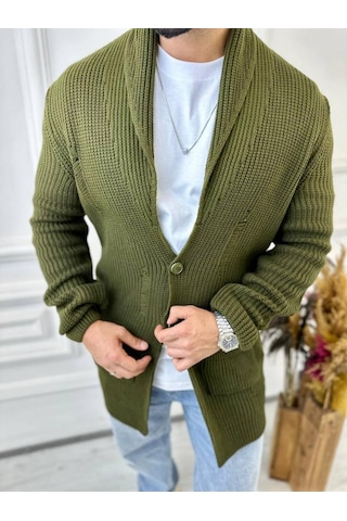 Elku Moda Hırka Örgülü Şal Yaka Cepli Lazer Kesim Yırtık Detaylı Tüylenmez Örgü Triko Hırka Yeşil