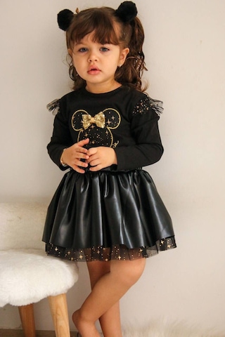 Berfonzo Kids Kız Çocuk Deri Etekli İkili Takım Siyah