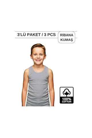 Alya Underwear Erkek Çocuk Pamuk Ribana Atlet Oval Yaka 3'lü Paket Gri-tgm