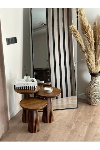 Wood Wooden 3 Lü Set Fitilli Derin Çizgili Mantar Yan Sehpa Moder