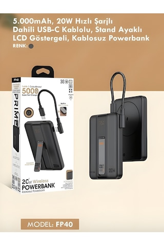 5000mah 20w Hızlı Şarj Dijital Gösterge Kablosuz Magsafe Powerbank Type-c Kablolu/girişli Standlı siyah