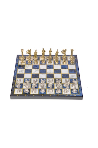 Lüks Metal Satranç Takımı Krom Kaplama Pegasus Atları & Gök Mavi Mermer Desenli Tahta 20 Cm.