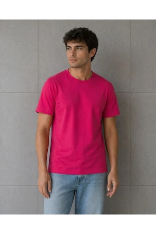 Defymoda Erkek Basic Pamuklu Tişört Bisiklet Yaka Düz Renk Regular Fit T-shirt - Fuşya