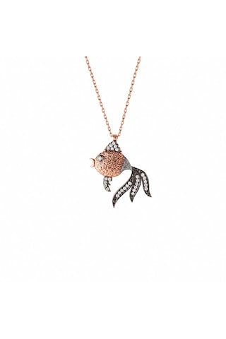925 Ayar Gümüş Roze Rengi Zirkon Taşlı Balık Figürlü Kadın Kolye Rose Gold